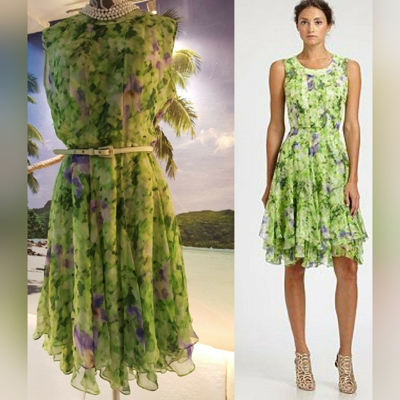 $5,900 NEW OSCAR DE LA RENTA ADOREABLE SILK GREEN IRISES RUNWAY DRESS US 8, 16 - Picture 15 of 16